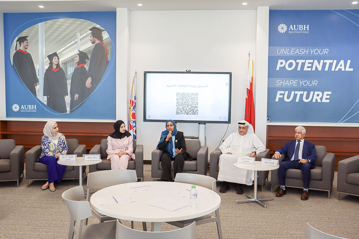 A panel discussion of health-promoting universities in Bahrain sharing their experiences and lessons learned. Photo credit: WHO/WHO Bahrain.