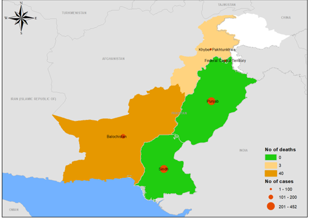 Fig. 10. Geographical distribution of suspected cholera cases by province, Pakistan, January–December 2022 The boundaries and names shown, and the designations used on this map do not imply the expression of any opinion whatsoever on the part of the World Health Organization concerning the legal status of any country, territory, city or area or of its authorities, or concerning the delimitation of its frontiers or boundaries. Dotted and dashed lines on maps represent approximate border lines for which there may not yet be full agreement.