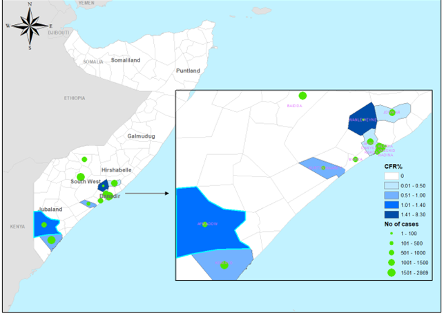 Fig. 12. Geographical distribution of suspected cholera cases and CFR by district, Somalia, January–December 2022