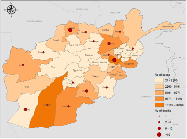 Fig. 3. Geographical distribution of AWD cases and deaths by province, Afghanistan, May–December 2022. The boundaries and names shown, and the designations used on this map do not imply the expression of any opinion whatsoever on the part of the World Health Organization concerning the legal status of any country, territory, city, or area or of its authorities, or concerning the delimitation of its frontiers or boundaries. Dotted and dashed lines on maps represent approximate border lines for which there may not yet be full agreement.