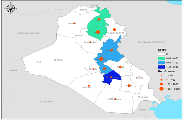 Fig. 5. Geographical distribution of suspected cholera cases and CFR by governorate, Iraq, June–December 2022 The boundaries and names shown, and the designations used on this map do not imply the expression of any opinion whatsoever on the part of the World Health Organization concerning the legal status of any country, territory, city or area or of its authorities, or concerning the delimitation of its frontiers or boundaries. Dotted and dashed lines on maps represent approximate border lines for which there may not yet be full agreement.