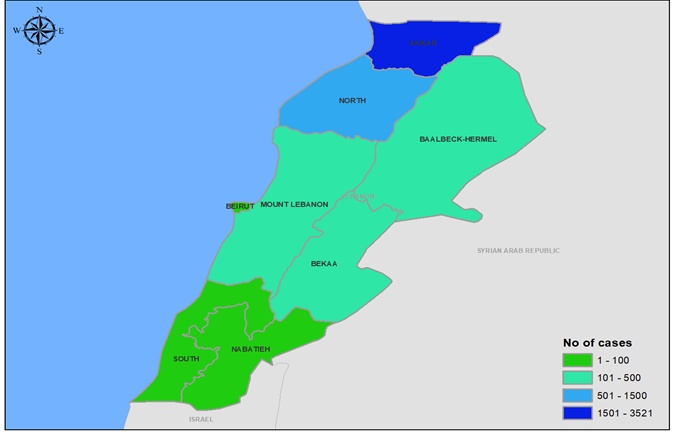 Fig. 7. Geographical distribution of suspected cholera cases by governorate, Lebanon, October–December 2022 The boundaries and names shown, and the designations used on this map do not imply the expression of any opinion whatsoever on the part of the World Health Organization concerning the legal status of any country, territory, city or area or of its authorities, or concerning the delimitation of its frontiers or boundaries. Dotted and dashed lines on maps represent approximate border lines for which there may not yet be full agreement.