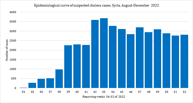   Fig. 13. Epidemiological curve of suspected cholera cases, Syria, August–December 2022  