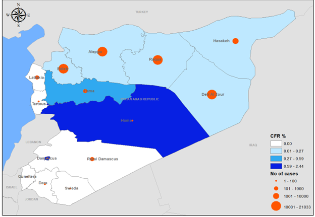 Fig. 14. Geographical distribution of suspected cholera cases and CFR by governorate, Syria, December 2022 The boundaries and names shown, and the designations used on this map do not imply the expression of any opinion whatsoever on the part of the World Health Organization concerning the legal status of any country, territory, city or area or of its authorities, or concerning the delimitation of its frontiers or boundaries. Dotted and dashed lines on maps represent approximate border lines for which there may not yet be full agreement.