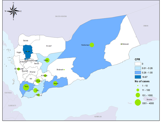 Fig. 16. Geographical distribution of suspected cholera cases and CFR by governorate, Yemen, January–December 2022 The boundaries and names shown, and the designations used on this map do not imply the expression of any opinion whatsoever on the part of the World Health Organization concerning the legal status of any country, territory, city or area or of its authorities, or concerning the delimitation of its frontiers or boundaries. Dotted and dashed lines on maps represent approximate border lines for which there may not yet be full agreement.