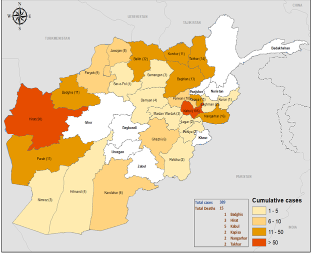 Fig. 17. Geographical distribution of suspected CCHF cases and deaths by province, Afghanistan, January–December 2022 The boundaries and names shown, and the designations used on this map do not imply the expression of any opinion whatsoever on the part of the World Health Organization concerning the legal status of any country, territory, city or area or of its authorities, or concerning the delimitation of its frontiers or boundaries. Dotted and dashed lines on maps represent approximate border lines for which there may not yet be full agreement. 