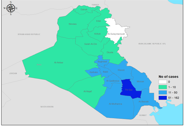  Fig. 19. Geographical distribution of CCHF cases by governorate, Iraq, March  –December 2022 The boundaries and names shown, and the designations used on this map do not imply the expression of any opinion whatsoever on the part of the World Health Organization concerning the legal status of any country, territory, city or area or of its authorities, or concerning the delimitation of its frontiers or boundaries. Dotted and dashed lines on maps represent approximate border lines for which there may not yet be full agreement.