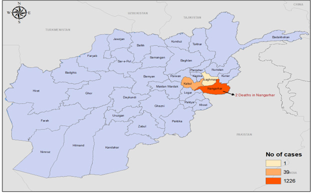  Fig. 21. Geographical distribution of suspected dengue cases and deaths, Afghanistan, June–December 2022 The boundaries and names shown, and the designations used on this map do not imply the expression of any opinion whatsoever on the part of the World Health Organization concerning the legal status of any country, territory, city or area or of its authorities, or concerning the delimitation of its frontiers or boundaries. Dotted and dashed lines on maps represent approximate border lines for which there may not yet be full agreement.