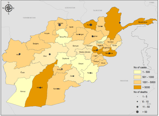 Fig. 30. Geographical distribution of suspected measles cases and deaths, Afghanistan, January–December 2022 The boundaries and names shown, and the designations used on this map do not imply the expression of any opinion whatsoever on the part of the World Health Organization concerning the legal status of any country, territory, city or area or of its authorities, or concerning the delimitation of its frontiers or boundaries. Dotted and dashed lines on maps represent approximate border lines for which there may not yet be full agreement.