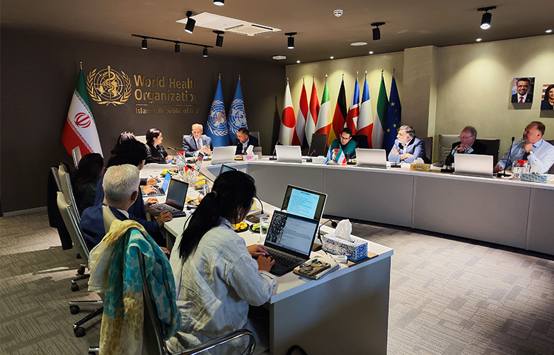 WHO Regional Director Dr Hanan Balkhy meeting with Stefan Priesner, UN Resident Coordinator for the Islamic Republic of Iran, along with representatives of other UN agencies in the country.