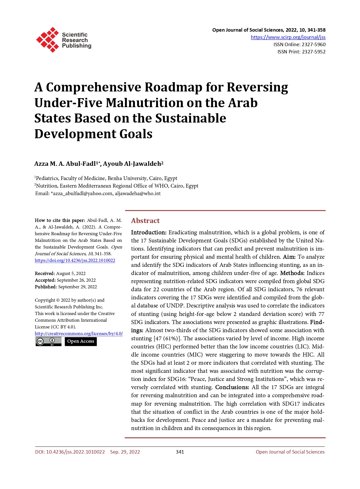 A comprehensive roadmap for reversing under-five malnutrition on the Arab states based on the sustainable development goals