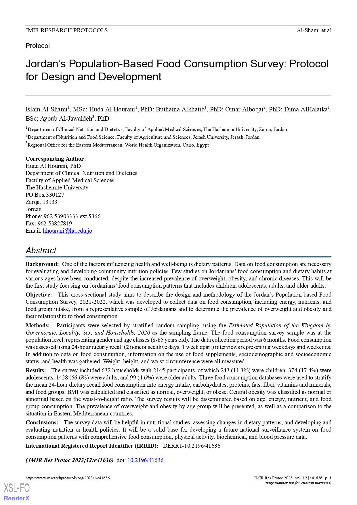 Jordan’s population-based food consumption survey: protocol for design and development