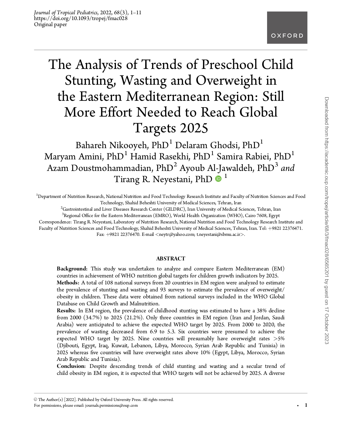 The analysis of trends of preschool child stunting, wasting and overweight in the Eastern Mediterranean Region: still more effort needed to reach global targets 2025