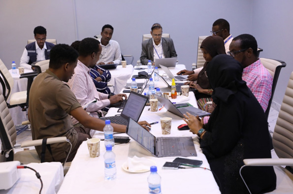 Dr Uday Raj Naidu Canchi Bhoopal (pictured in the middle), a WHO subnational Health Cluster coordinator, joins the Health Cluster strategic advisory group in a humanitarian fund allocation review exercise for partners in Jubaland. Photo credit: WHO/WHO Somalia