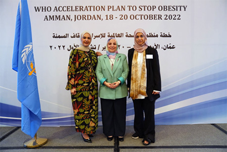 Dr Buthaina Ajlan (left), Chief of the Nutrition Section of the Bahraini Ministry of Health, Dr Tasnim Atatrah (middle), WHO Representative in Bahrain and Mrs Fatima AhmDr Buthaina Ajlan (left), Chief of the Nutrition Section of the Bahraini Ministry of Health, Dr Tasnim Atatrah (middle), WHO Representative in Bahrain and Mrs Fatima Ahmed Isa (right), Head of the Standards Development, Testing and Metrology Directorate at the Ministry of Industry and Commerce in Bahrain.