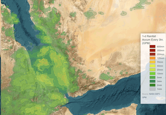 المعدل التراكمي لهطول الأمطار في محافظة الحديدة، اليمن، بتاريخ ٦ أغسطس ٢٠٢٤